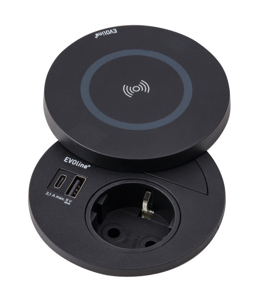 EVOline Circle80 Steckdose mit Induktionscharger 1x Steckdose, 1x USB A+C, 1x Deckel mit Charger